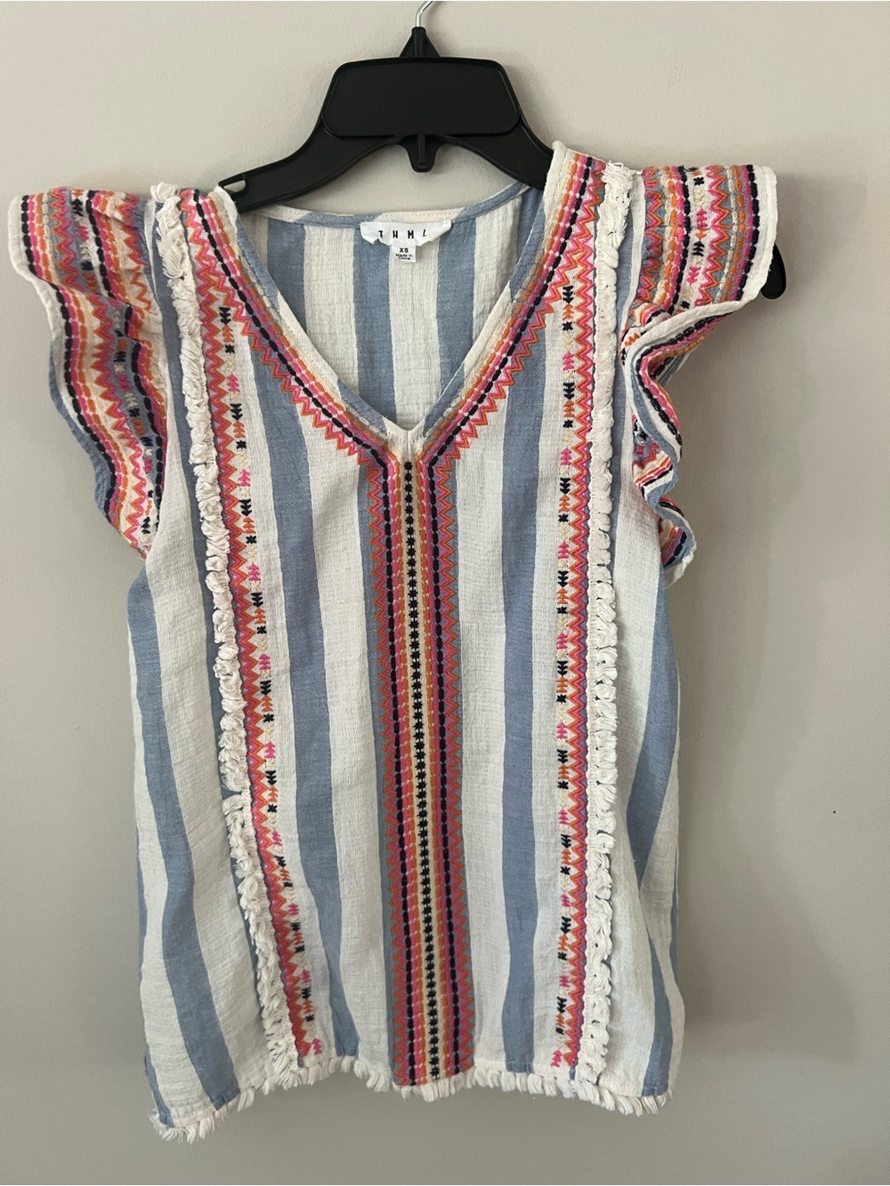 THML Blue & White Striped Embroidered Flutter Sleeve Top